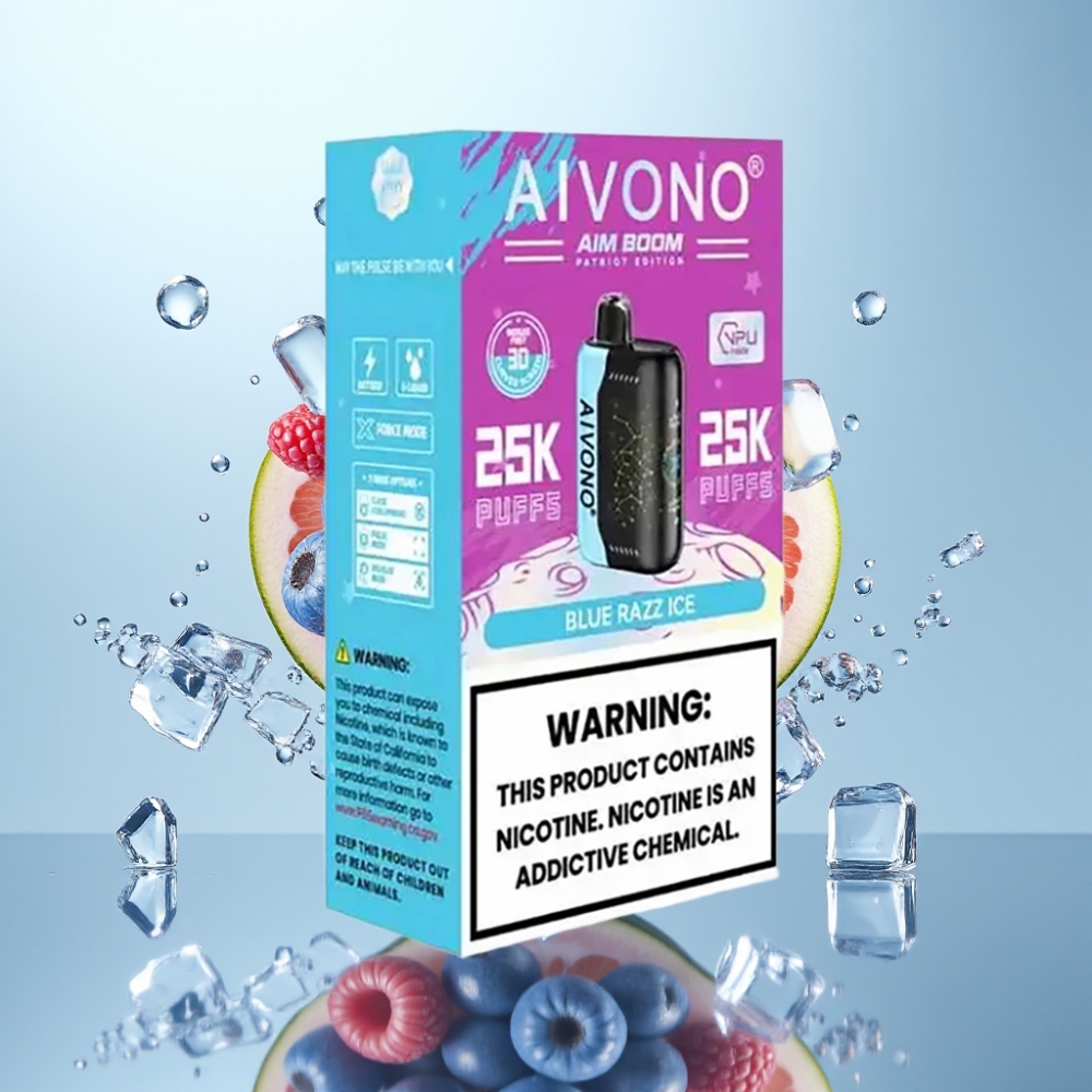 Aivono AIM BOOM 25000 Puffs 0-5% Nikotīns 28ml Zilā Aveņu Ledus
