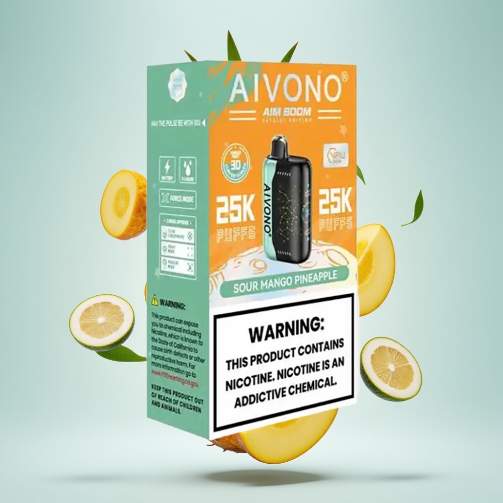 Aivono AIM BOOM 25000 Puffs Disposable Vape Skābā Mango Ananāss 0%-5% Nikotīns 28ml 650mAh