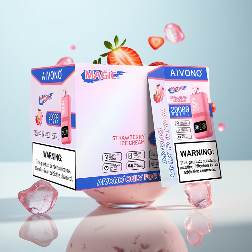 Aivono AIM MAGIC 20000 Puffs Disposable Vape ar zemeņu saldējuma garšu, 26ml, Type-C, LCD