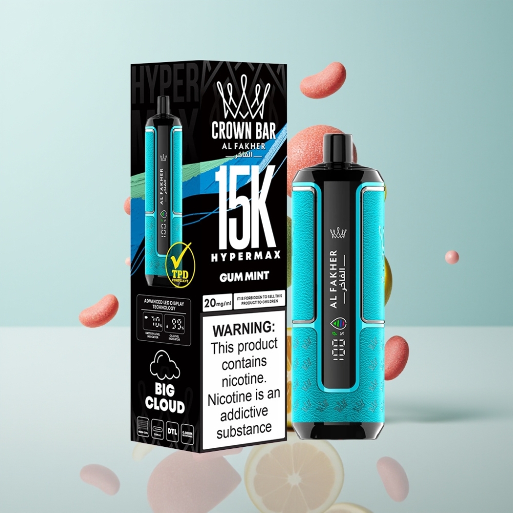 Al Fakher Crown Bar 15K Hypermax Vienreizējais Veipkīts Gum Mint, 22ml, 600mAh, Type-C, 15K Puffi, DTL, 6mg/ml