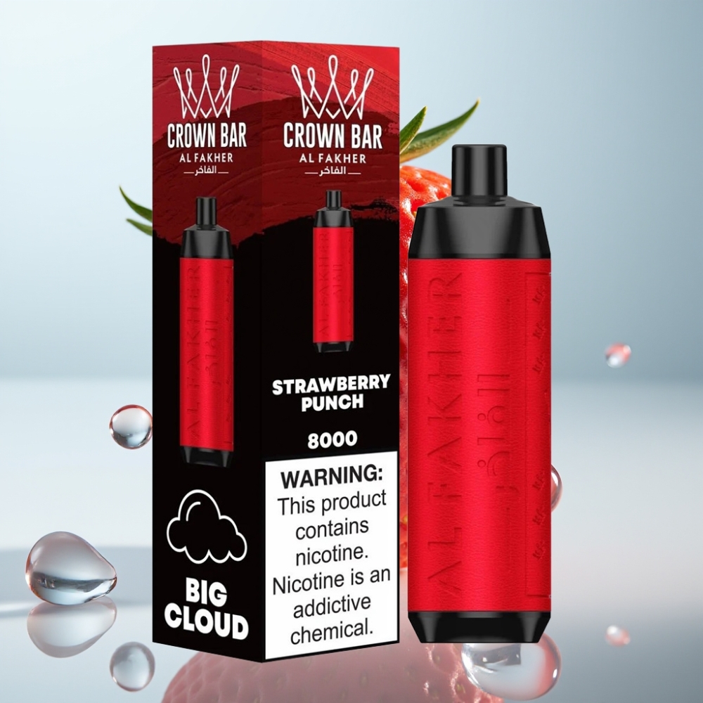 Al Fakher Crown Bar 8000 Crystal Disposable Vape Zemeņu Punch, 18ml, 8000 Piepūšanas, 5mg Nikotīna