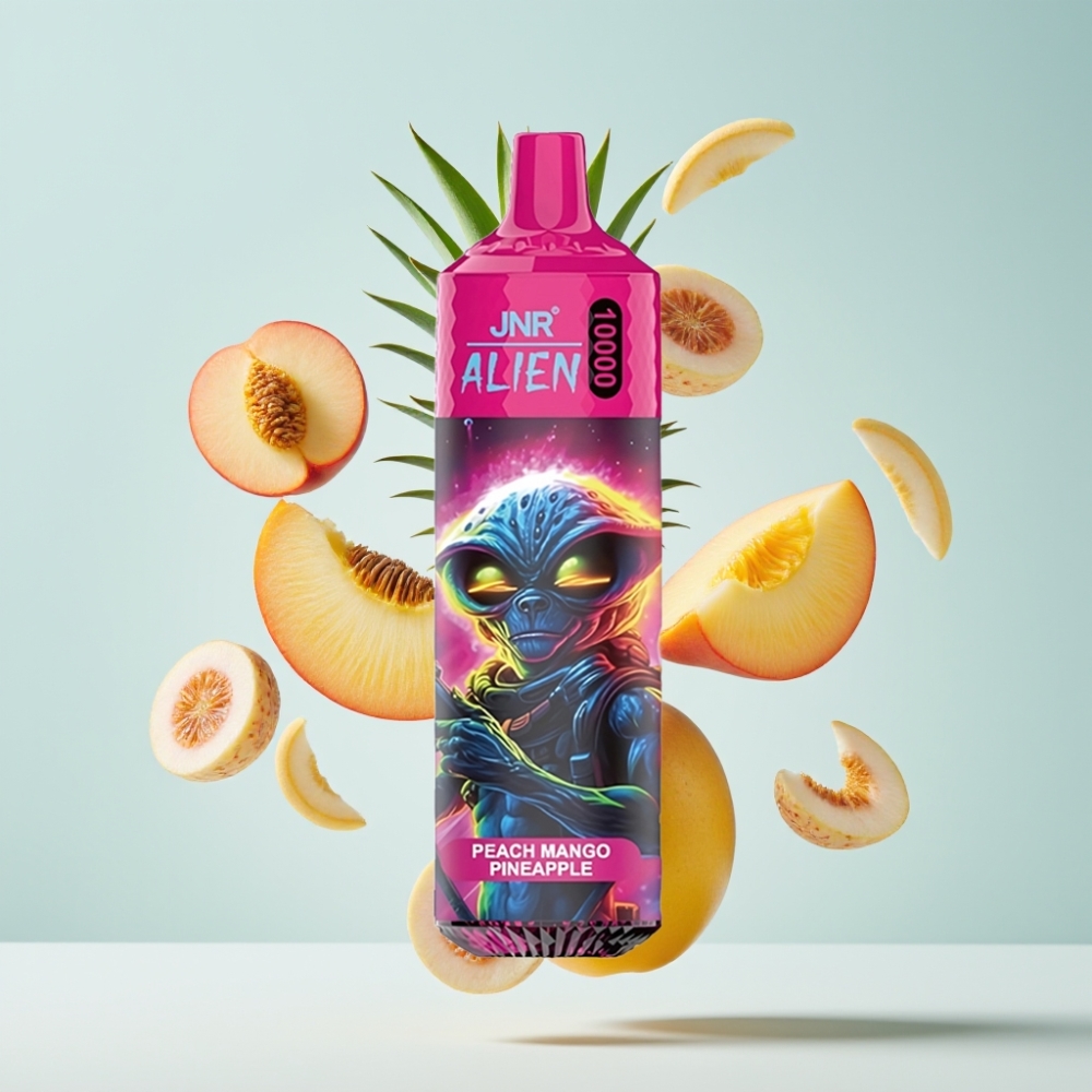 JNR Alien 10000 Puffs Disposable Vape Persiku mango ananāsu, 850mAh, Type-C, RGB