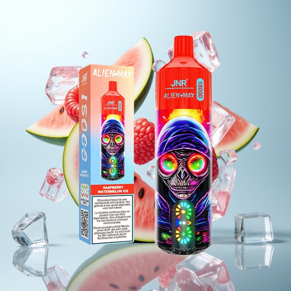 JNR Alien Max 18000 Puffs Disposable Vape – 28ml e-šķidrums, 850mAh baterija, Type-C uzlāde, 0%-5% nikotīna, Raspberry Watermelon Ice