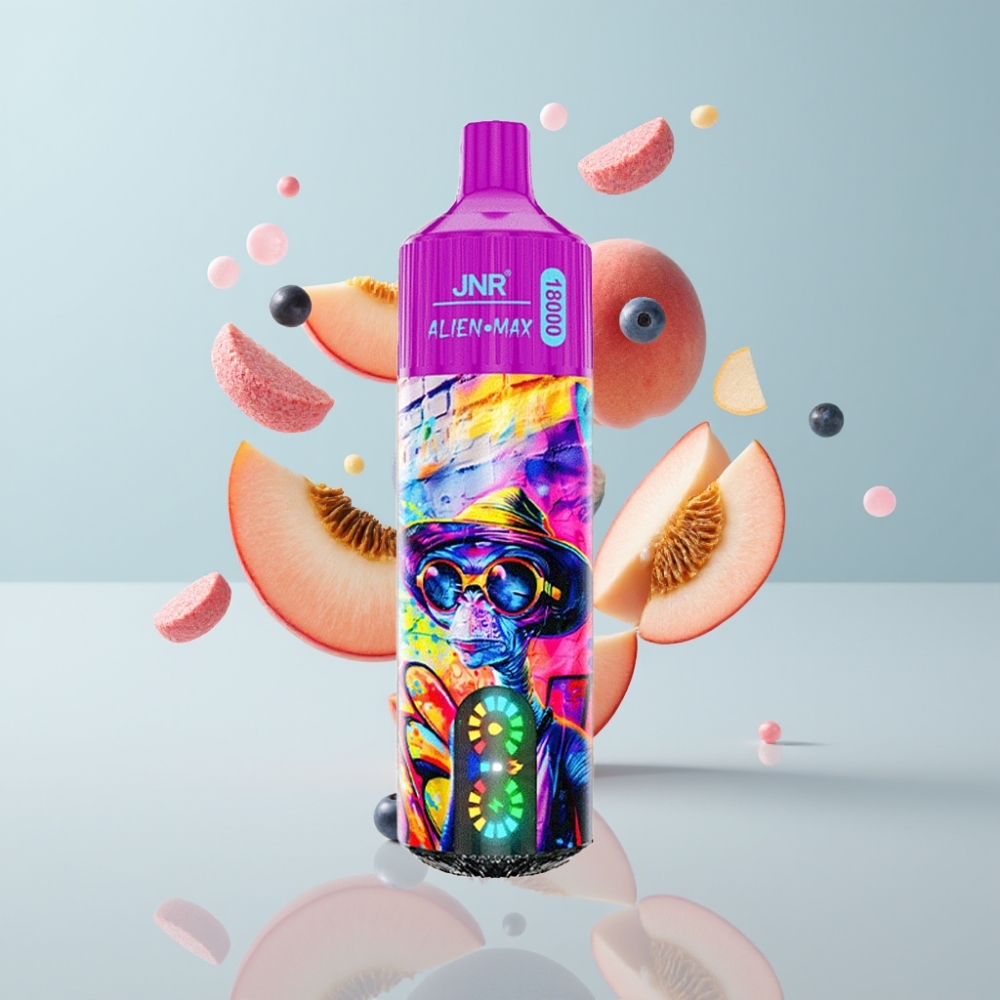 JNR Alien Max 18000 Puffs Disposable Vape Persiku Zilāņu Konfekšu Garša, LED Displejs, 28ml E-šķidrums, 850mAh