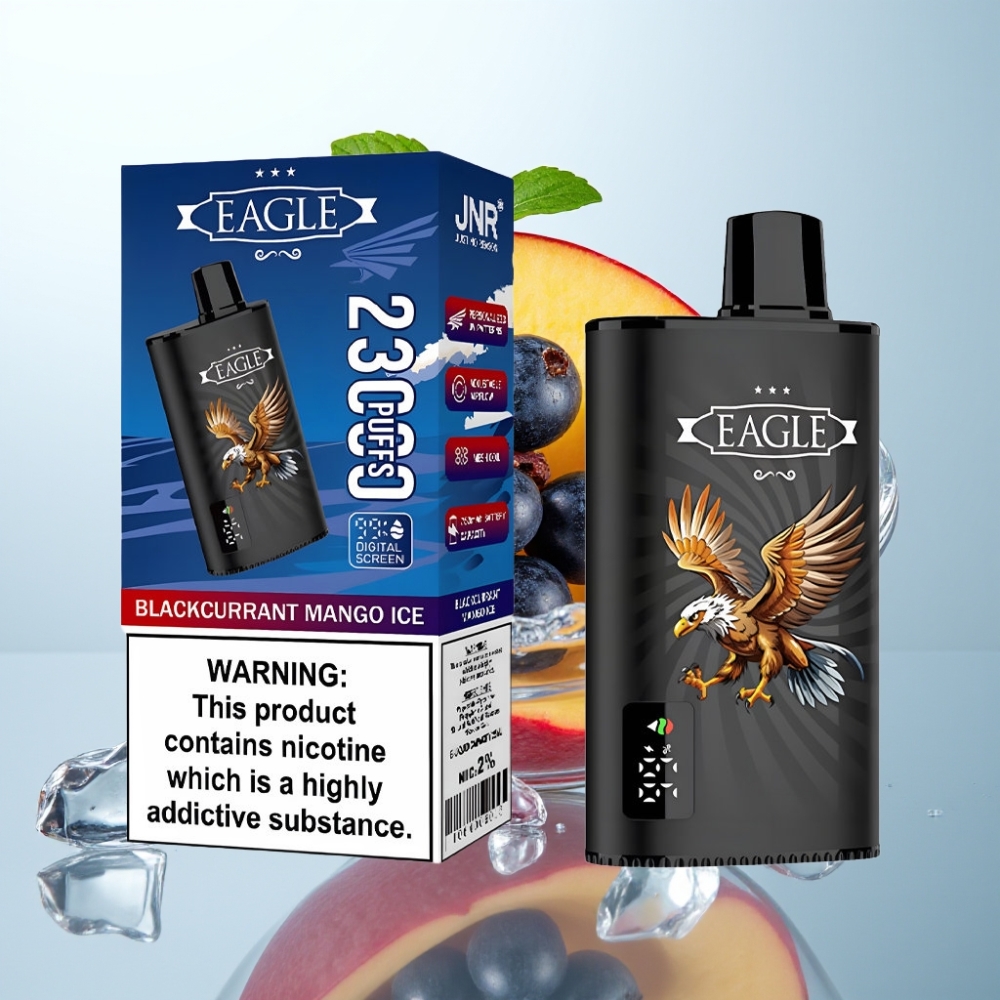 JNR EAGLE Smart 23000 Puffs Disposable Vape Melnā ķirša Mango Ledus, Digitālais ekrāns, 1.0ohm, Type-C