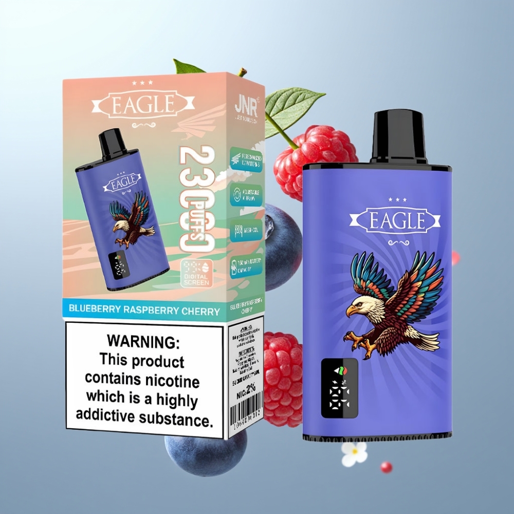 JNR EAGLE Smart 23000 Puffs Disposable Vape ar Digitālo Displeju, 1.0ohm Mesh Coil un Zemenes Aveņu Ķiršu Garšu