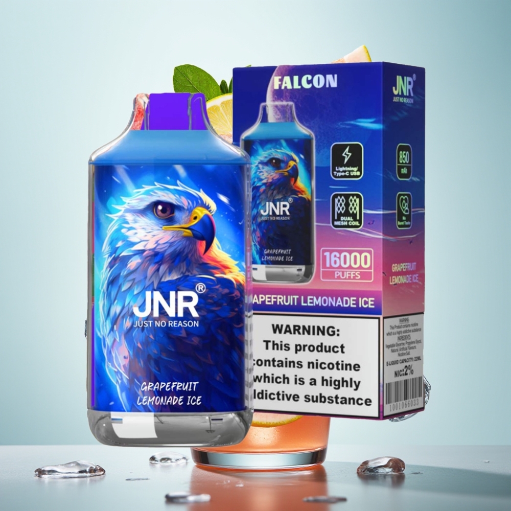 JNR Falcon 16000 Puffs Disposable Vape Greipfrūda Limonādes Ledus, 850mAh, 22ml, Dual Mesh Coil, Type C & Lightning, Smart LED, 0%/2%