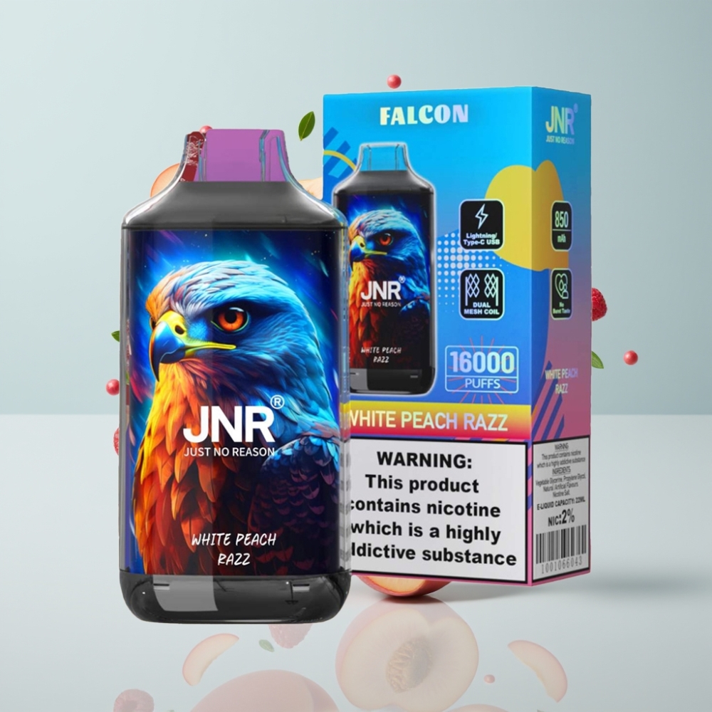 JNR Falcon 16000 Puffs Disposable Vape White Peach Razz, 22ml, 850 mAh, Type C & Lightning