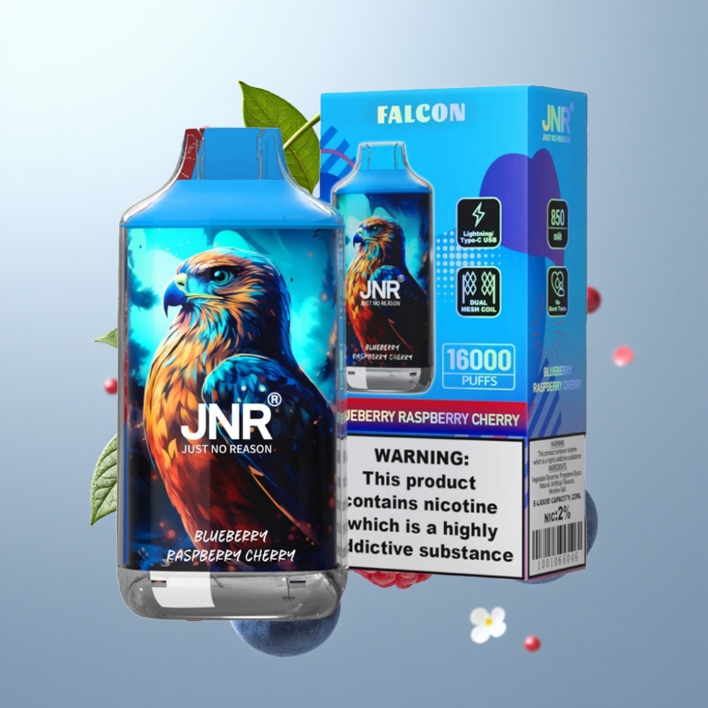 JNR Falcon 16000 Puffs Dispozablais Vītnis Zilene Aveņķirsis Ķirsis, 850 mAh, 22ml, Dual Mesh Coil