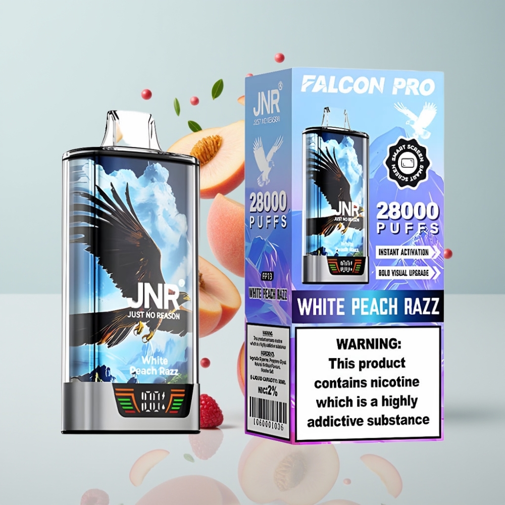 JNR Falcon Pro 28000 Disposable Vape Baltā Persiku Razz, 30ml, 28000 Puffs, 5% Nikotīns