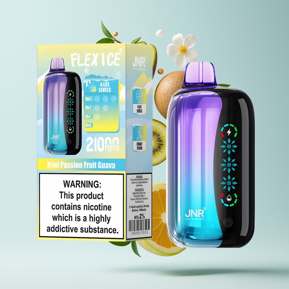 JNR Flex Ice 21000 Puffs Disposable Vape Kiwi Passion Fruit Guava, Ice Adjustable, 26ml, 1.2 Ohm Dual Mesh