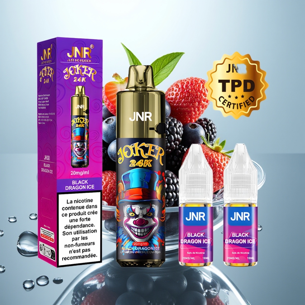 JNR Joker 24K Puffs Disposable Vape Melnais Pūķa Ledus, 800mAh, 2% nikotīna