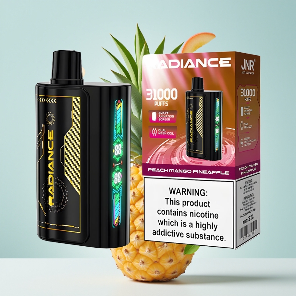 JNR Radiance 31000 Pūšu Disposable Vape PEACH MANGO PINEAPPLE 28ml 2% Nikotīns