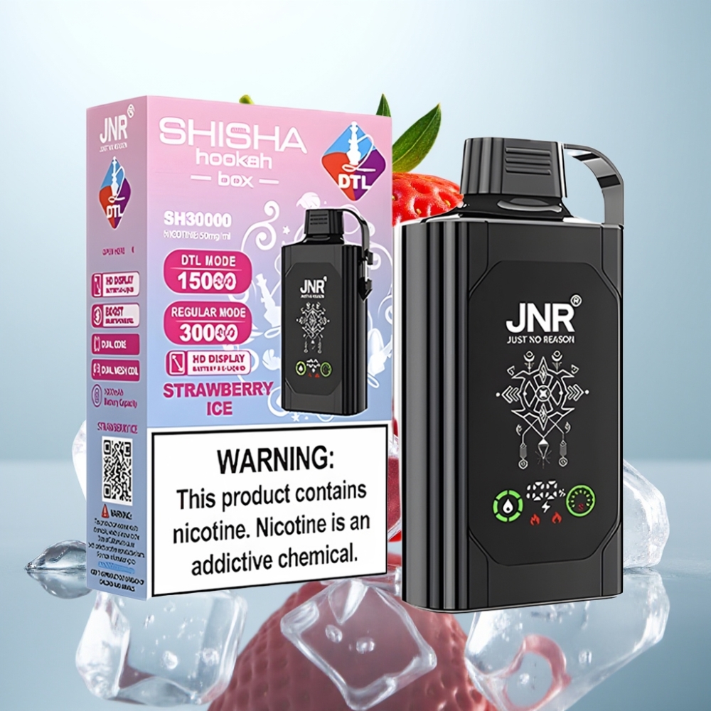 JNR Shisha Hookah Box 20500 Puffs Disposable Vape Zemeņu Ledus, HD displejs, 25ml, Type-C
